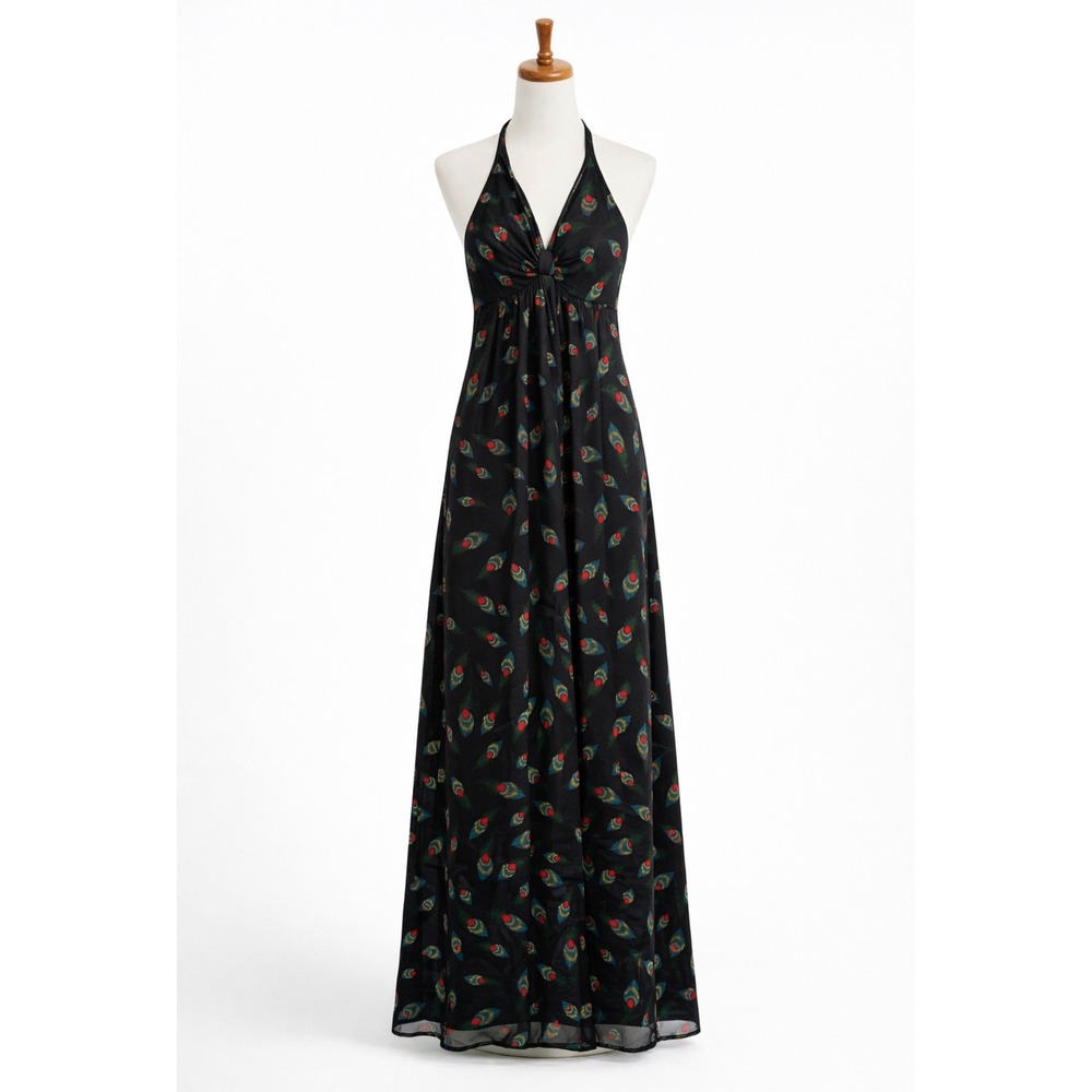 Y2K Vintage L Women Forever 21 Sheer Halter Peacock Feather Print Dress Whimsy